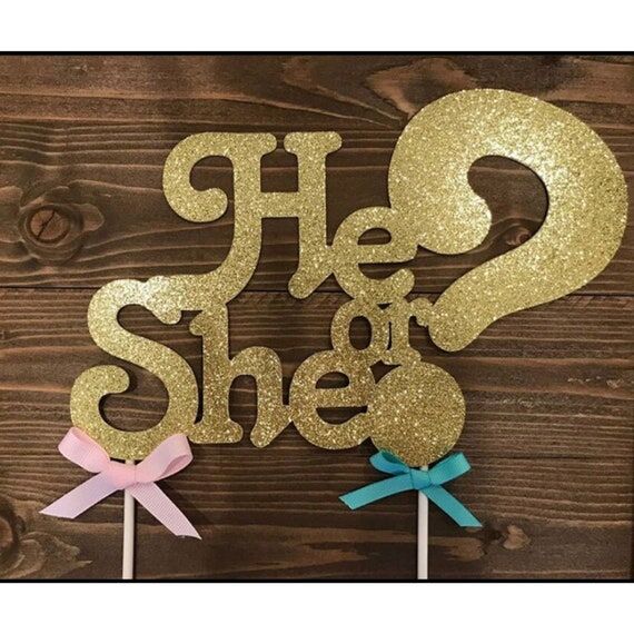 Gold Glitter Gender Reveal Cake Topper, He or...