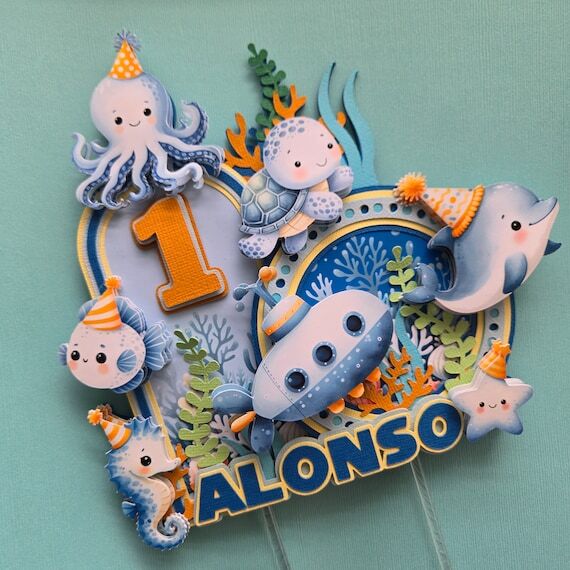 Personalized Sea Animals Cake Topper: 3D Birt...