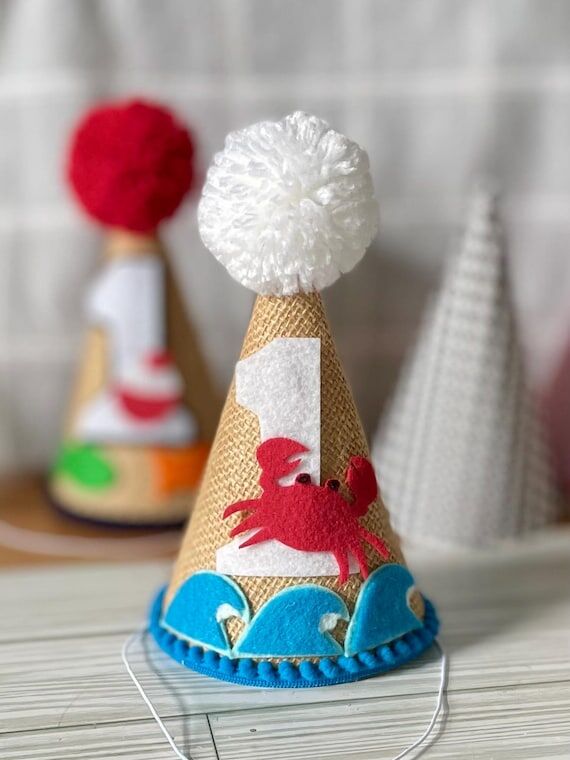 Birthday Party Hat: Burlap, Aqua Waves, White...