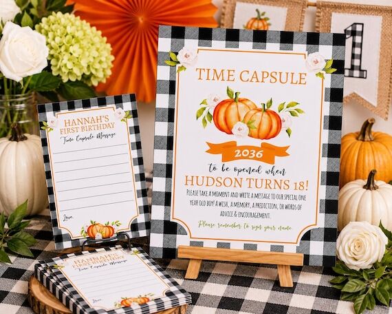 Pumpkin First Birthday Time Capsule Sign and ...