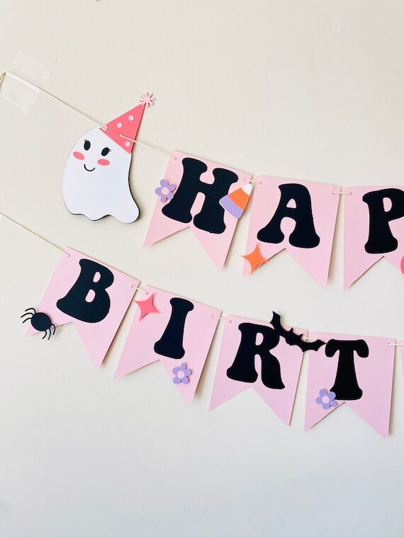 Cute Halloween birthday banner, Cute pink gho...