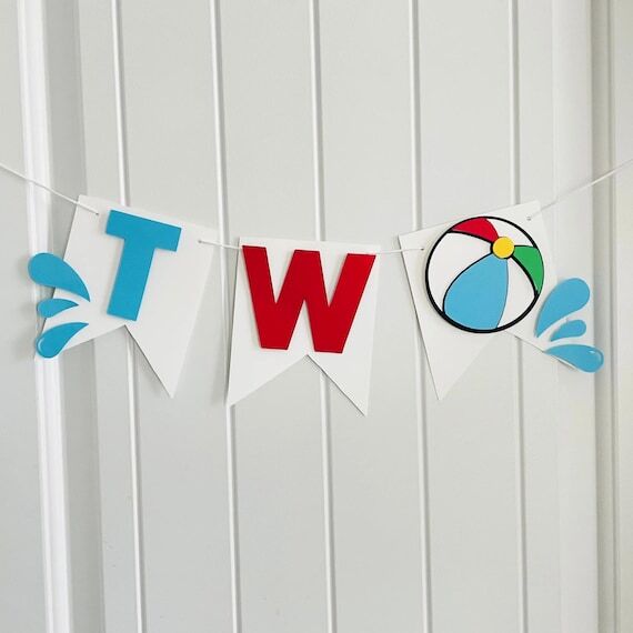 Pool party 2nd birthday highchair banner, Sum...