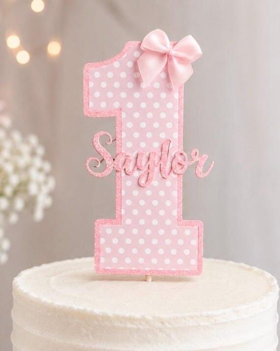 Pink Bow & Polka Dot Birthday Cake Topper, Pe...