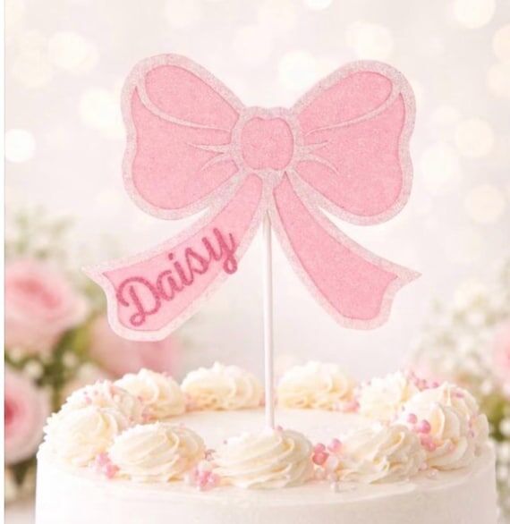 Pink Bow Birthday Cake Topper, Personalized C...