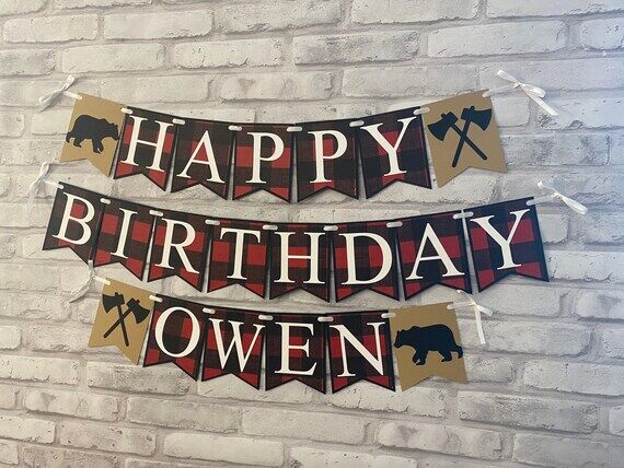 Lumberjack Birthday Banner, Buffalo Plaid, Wo...