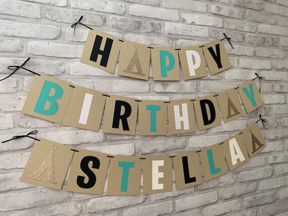 Glamping Birthday Banner, Teal Black and Gold...