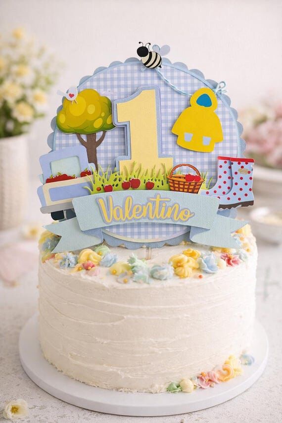 Spring Garden First Birthday Cake Topper, Boy...