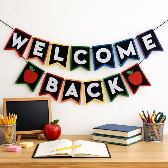 Handmade Felt WELCOME BACK Banner, Colorful C...