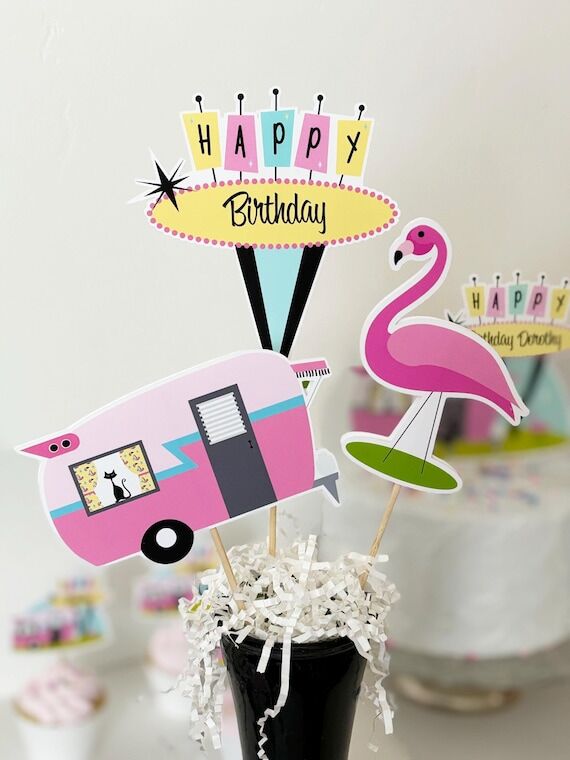 Pink Camper Trailer Centerpiece Set, Retro Bi...