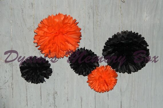 Orange and Black Tissue Paper Pom Poms, Handm...