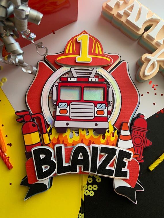 Fire Truck cake topper, firefighter cake topp...