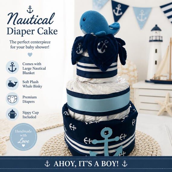 Nautical Diaper Cake, Baby Shower Centerpiece...