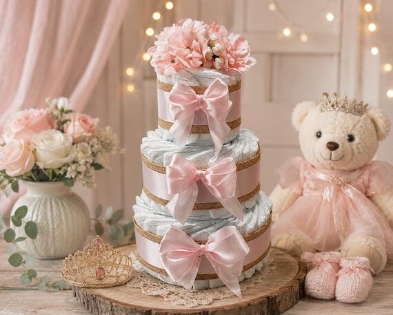 Pink Bow Diaper Cake, Baby Shower Centerpiece...