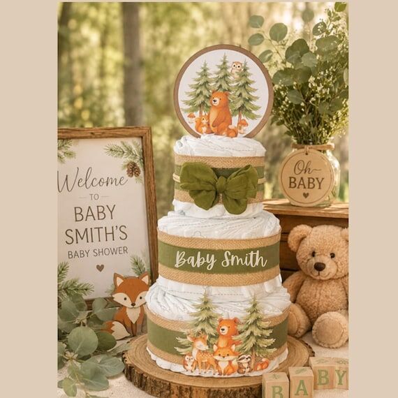 Personalized Woodland Diaper Cake: 3-Tier Woo...