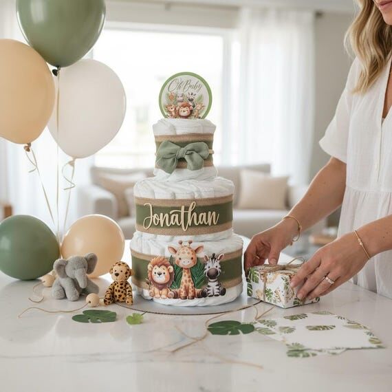Personalized Safari Diaper Cake: 3-Tier Jungl...