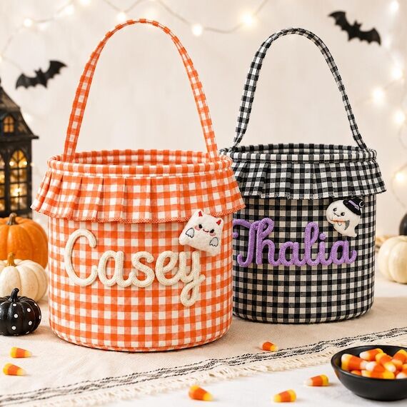 Personalized Halloween Basket, Ruffle Plaid T...