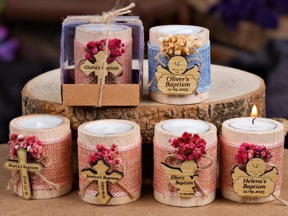 Wooden Candle Holder, Baptism Favors, Tealigh...