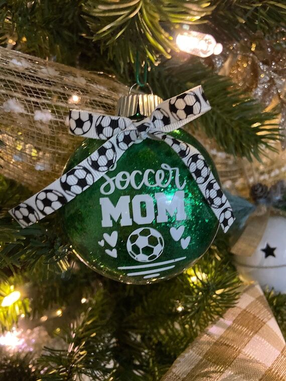 Soccer Mom Ornament, Green Glitter, Team Gift...