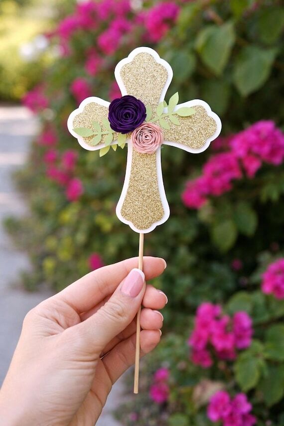 Baptism Cross Centerpiece Pick, Paper Flower ...