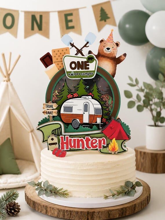 Happy Camper 1st Birthday Cake Topper, Campin...