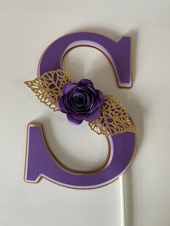 Purple Floral Letter Cake Topper Custom Initi...