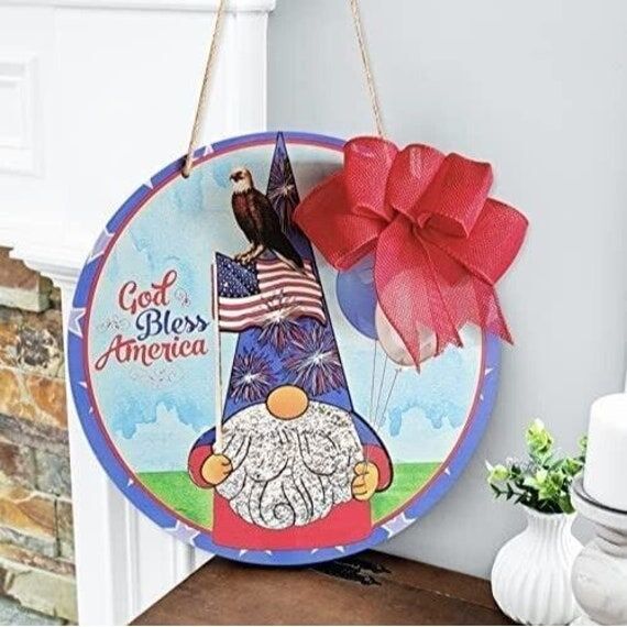 Patriotic Gnome Door Hanger Wreath God Bless ...