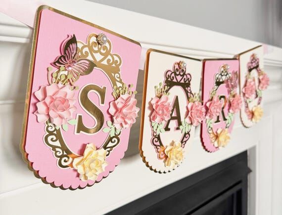 Princess Floral Name Banner: Gold Frame, 3D F...