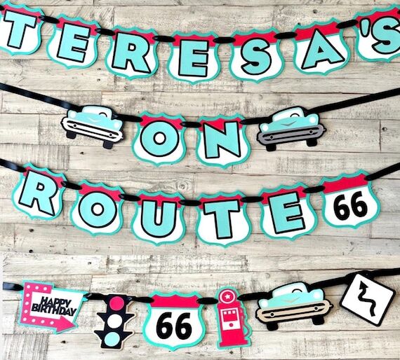 Route 66 Birthday Banner: Retro Classic Car P...