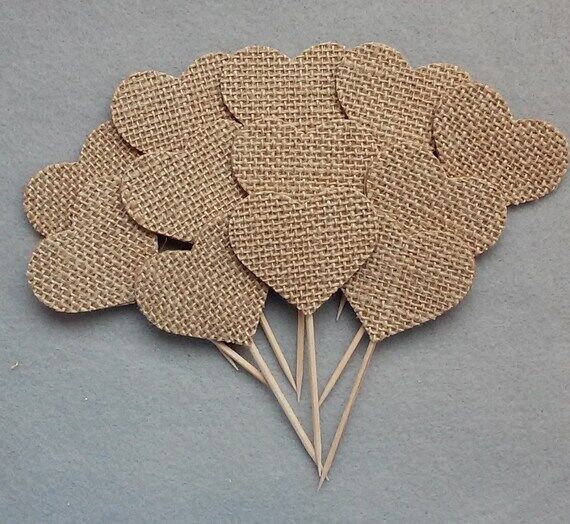 Burlap Heart Cupcake Toppers, Rustic Party De...