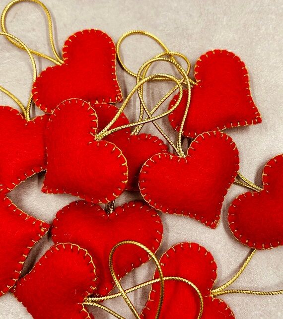 Red Felt Handmade Hearts set of 12, Christmas...