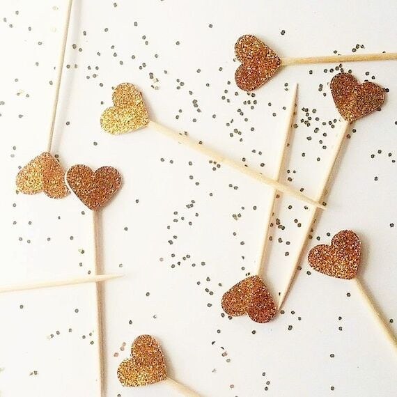 Gold Glitter Heart Cupcake Toppers – Birthd...