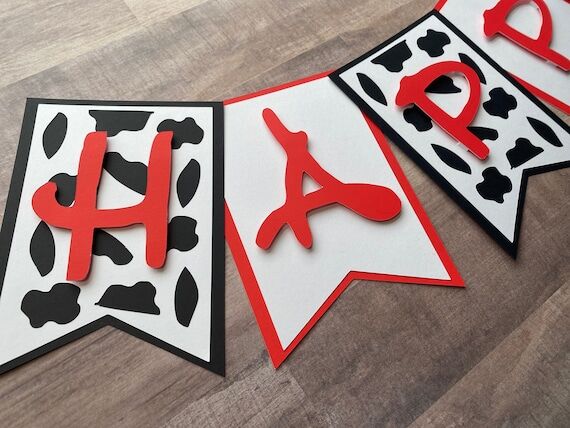 Cow Print Birthday Banner, Red Letters, Farm ...