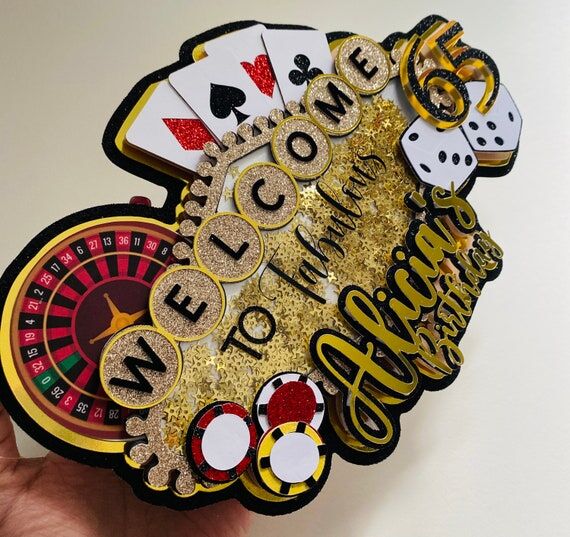 Handmade Casino Theme Cake Topper, Gold Glitt...