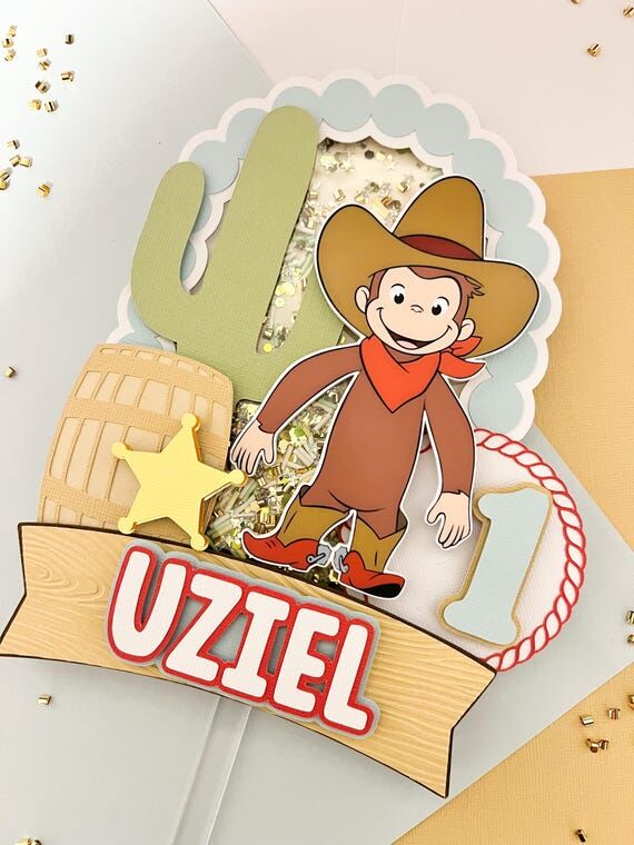 Western Curious George Cake Topper Cowboy Bir...