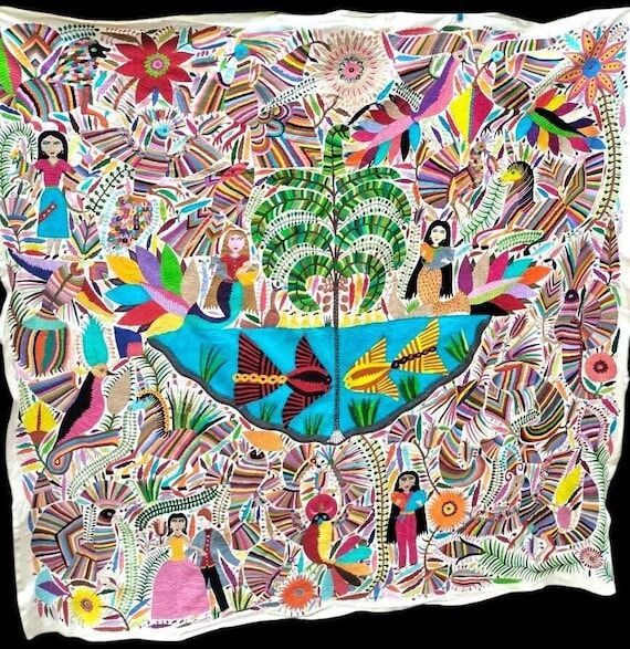 Handcrafted Mexican Otomi Tapestry Large Embr...