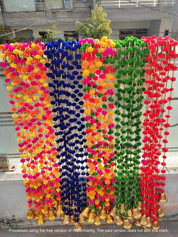Colorful Pom Pom Garland with Gold Bells, Boh...