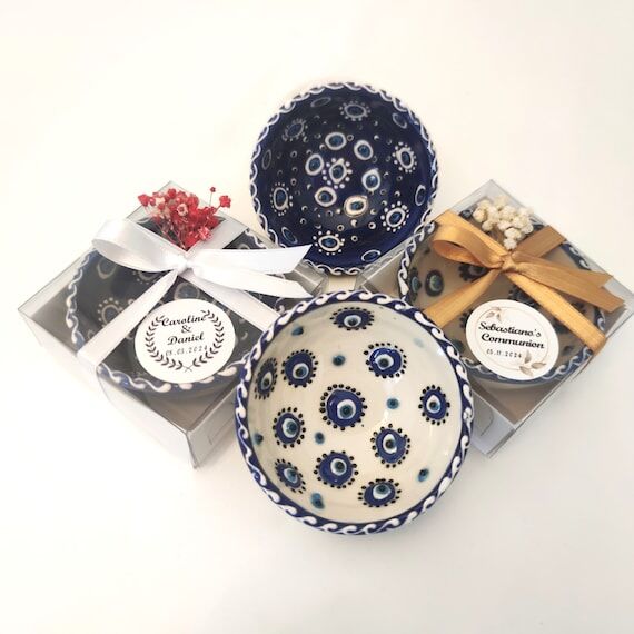 Evil Eye Ceramic Bowl: Blue & White Wedding F...