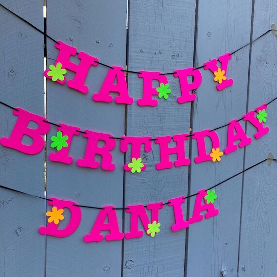 Personalized Neon Pink Birthday Banner, Black...