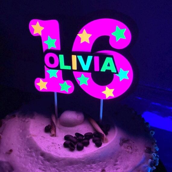Glow Party Cake Topper, Neon Pink Personalize...