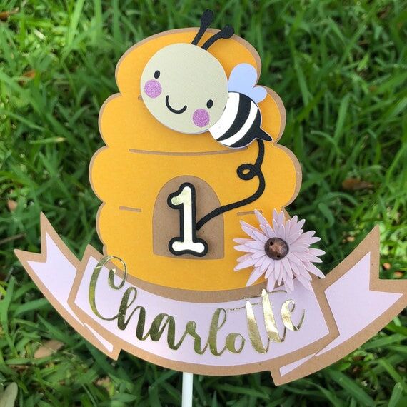 Bee First Birthday Cake Topper: Gold Foil Par...