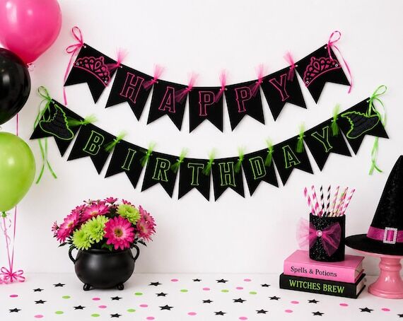 Good witch bad witch banner, Green and pink b...