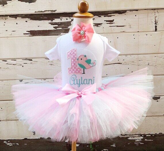 Pink and Aqua Bird Tutu Set, 1st Birthday Out...