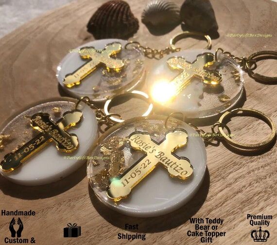 Personalized Baptism Keychain Favors, Gold Cr...