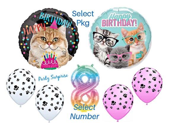 Cat Birthday Balloon Set: Rainbow Number, Paw...