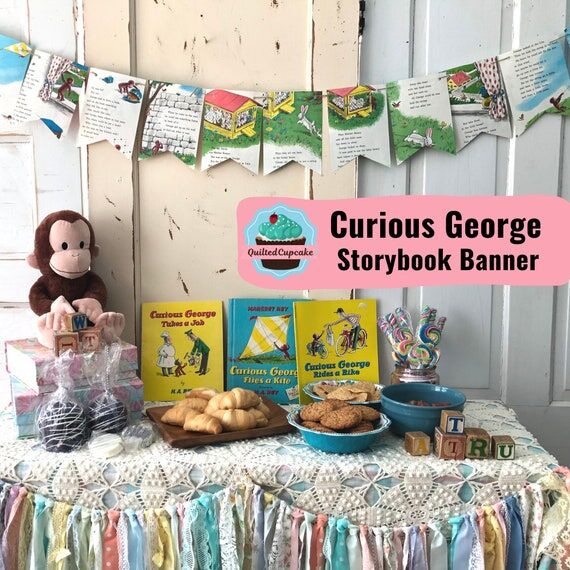 Curious George Storybook Banner, Upcycled Vin...