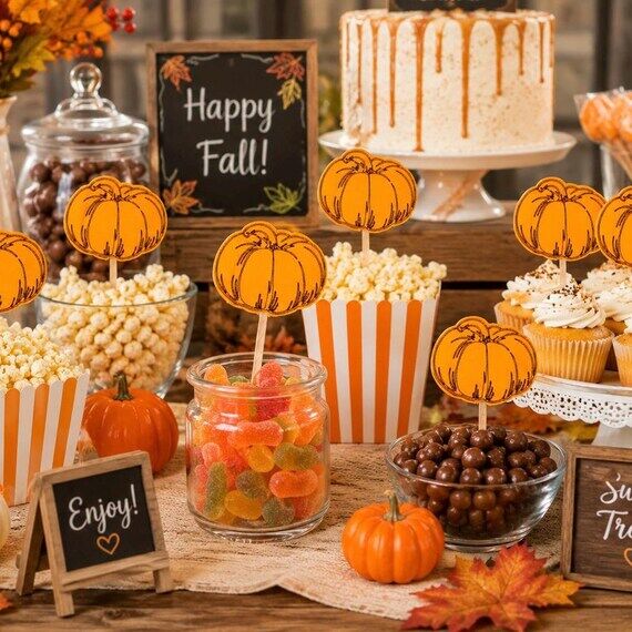 12 Pumpkin Cupcake Toppers, Fall Party Decora...