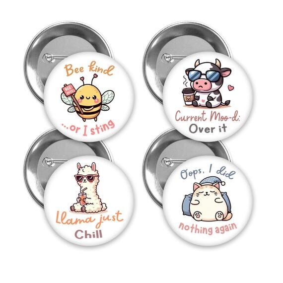 Funny animal pin back buttons. Set of 4. 3 ...