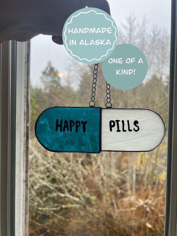 Stained Glass Happy Pill Suncatcher: Dark Hum...