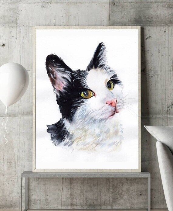 Custom Cat Portrait, Handmade Watercolor Pain...
