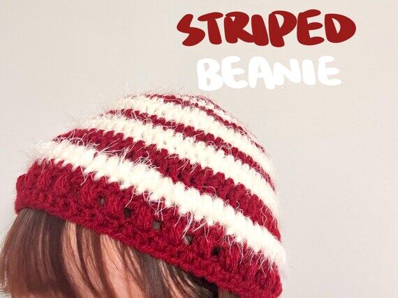 Handmade Crochet Striped Beanie | Red & White...
